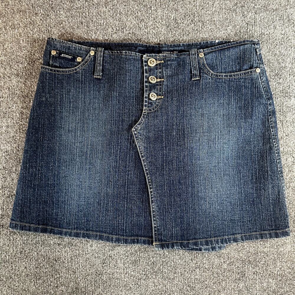 Stephen Hardy Squeeze Y2K Womens 11 Blue Denim Mini Skirt Button Fly Stretch